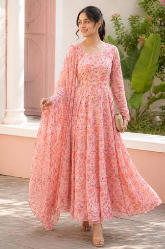 Light pink printed georgette anarkali kurti