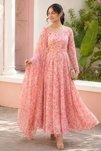 Light pink printed georgette anarkali kurti