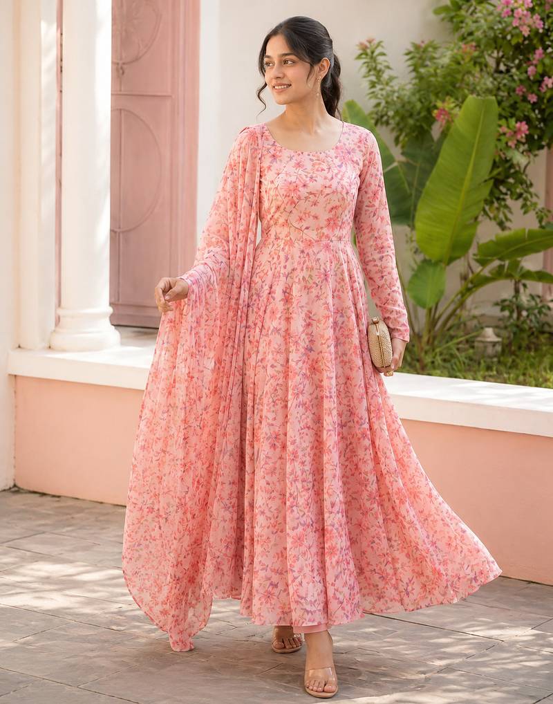 Light pink printed georgette anarkali kurti