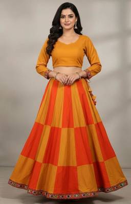 Mustard Rayon Navratri Lehenga Choli | Garba & Dandiya Outfit with Mustard Half-Sleeve Round Neckline 1