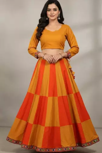 Mustard Rayon Navratri Lehenga Choli | Garba & Dandiya Outfit with Mustard Half-Sleeve Round Neckline