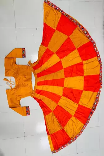 Mustard Rayon Navratri Lehenga Choli | Garba & Dandiya Outfit with Mustard Half-Sleeve Round Neckline