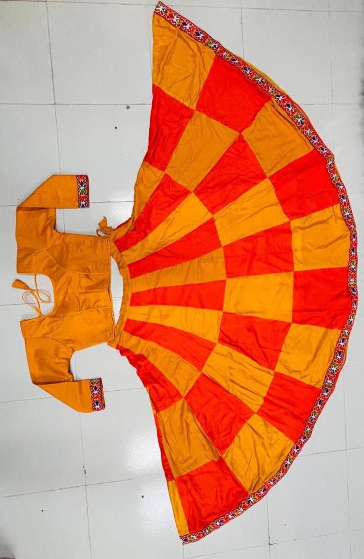 Mustard Rayon Navratri Lehenga Choli | Garba & Dandiya Outfit with Mustard Half-Sleeve Round Neckline