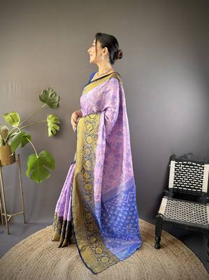 lavender tissue silk blend kanjeevaram zari woven saree with unstitched blouse piece. 3