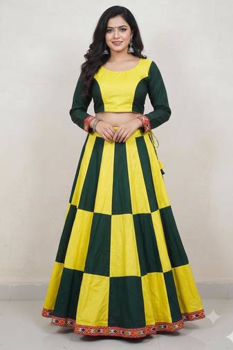 Lemon Rayon Navratri Lehenga Choli | Garba & Dandiya Outfit with Lemon Half-Sleeve Round Neckline