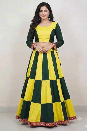 Lemon Rayon Navratri Lehenga Choli | Garba & Dandiya Outfit with Lemon Half-Sleeve Round Neckline