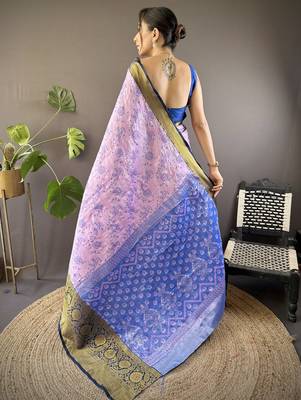 lavender tissue silk blend kanjeevaram zari woven saree with unstitched blouse piece. 4