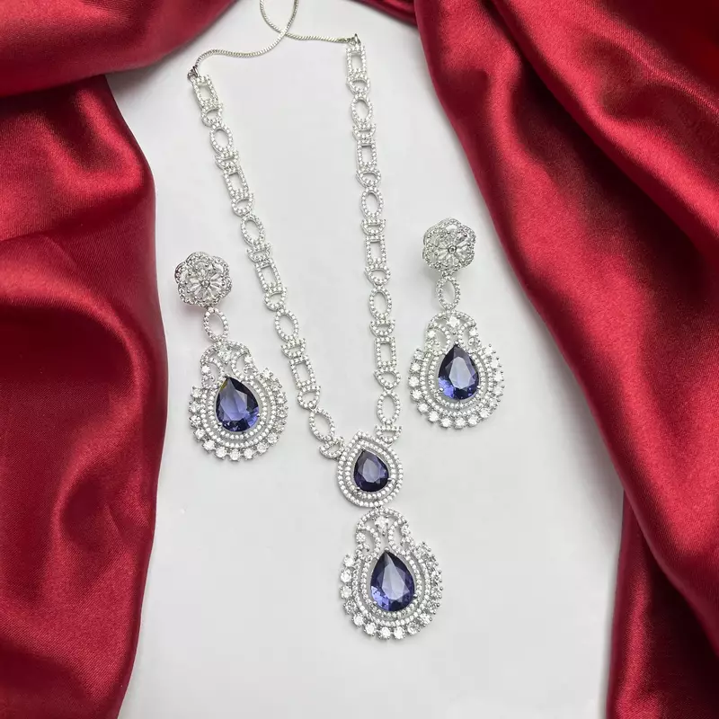 Amethyst Purple Teardrop Bridal Jewelry Set: Silver Necklace and Earrings