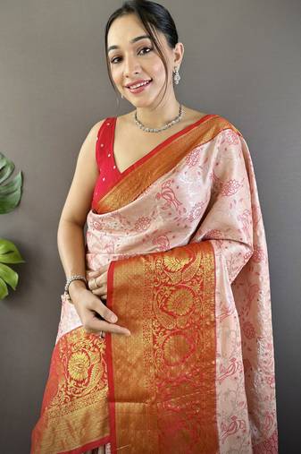 peach tissue silk blend kanjeevaram zari woven saree with unstitched blouse piece.