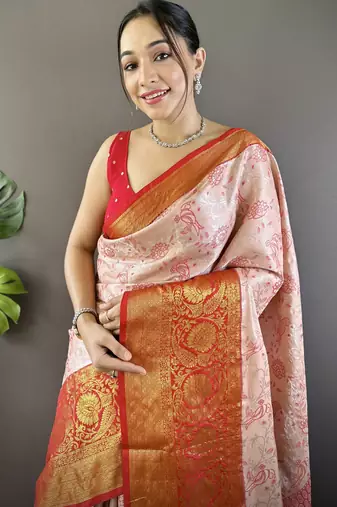 peach tissue silk blend kanjeevaram zari woven saree with unstitched blouse piece.