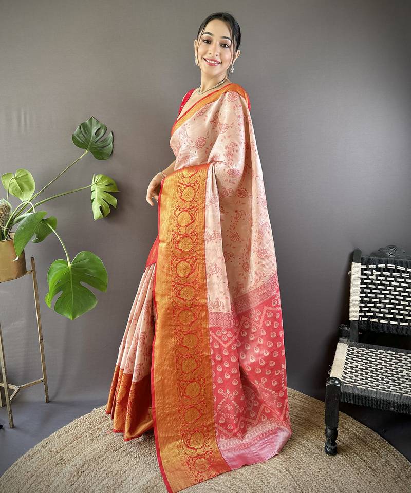 peach tissue silk blend kanjeevaram zari woven saree with unstitched blouse piece.