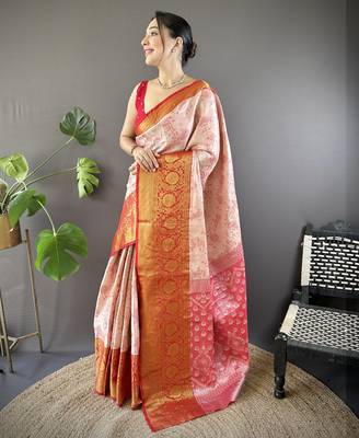 peach tissue silk blend kanjeevaram zari woven saree with unstitched blouse piece. 3