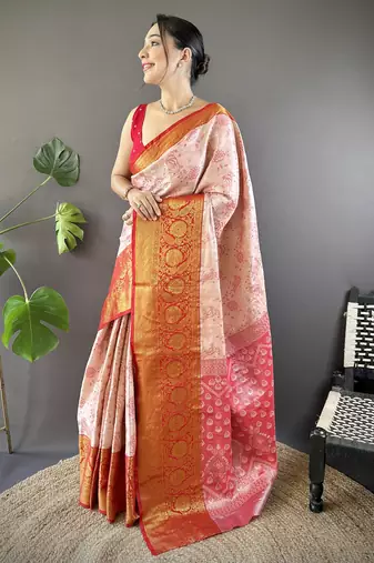 peach tissue silk blend kanjeevaram zari woven saree with unstitched blouse piece.