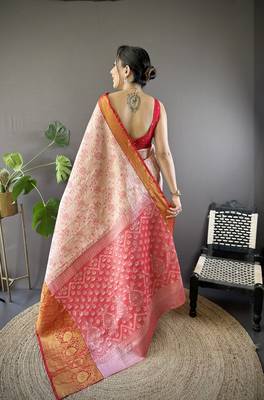 peach tissue silk blend kanjeevaram zari woven saree with unstitched blouse piece. 4