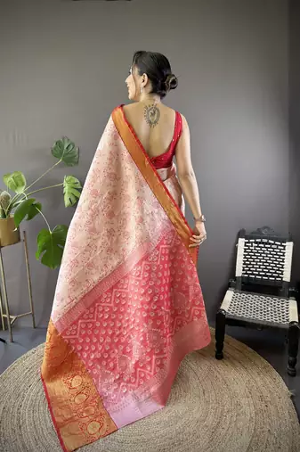 peach tissue silk blend kanjeevaram zari woven saree with unstitched blouse piece.