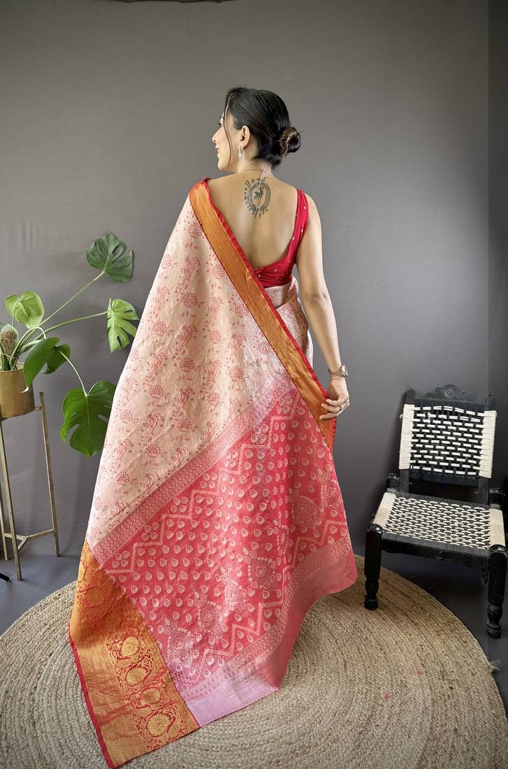peach tissue silk blend kanjeevaram zari woven saree with unstitched blouse piece.