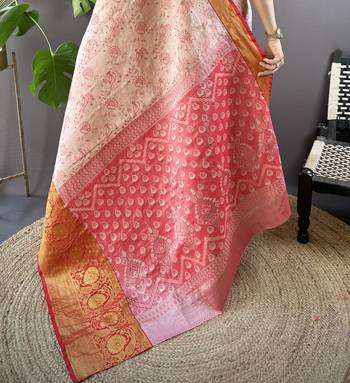 peach tissue silk blend kanjeevaram zari woven saree with unstitched blouse piece. 5