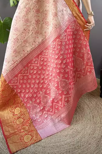 peach tissue silk blend kanjeevaram zari woven saree with unstitched blouse piece.