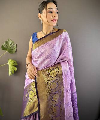 lavender tissue silk blend kanjeevaram zari woven saree with unstitched blouse piece. 1