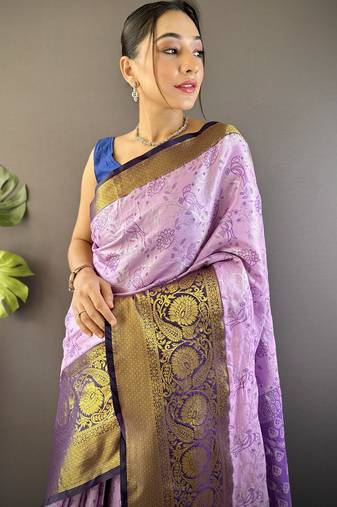 lavender tissue silk blend kanjeevaram zari woven saree with unstitched blouse piece.