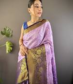 lavender tissue silk blend kanjeevaram zari woven saree with unstitched blouse piece.