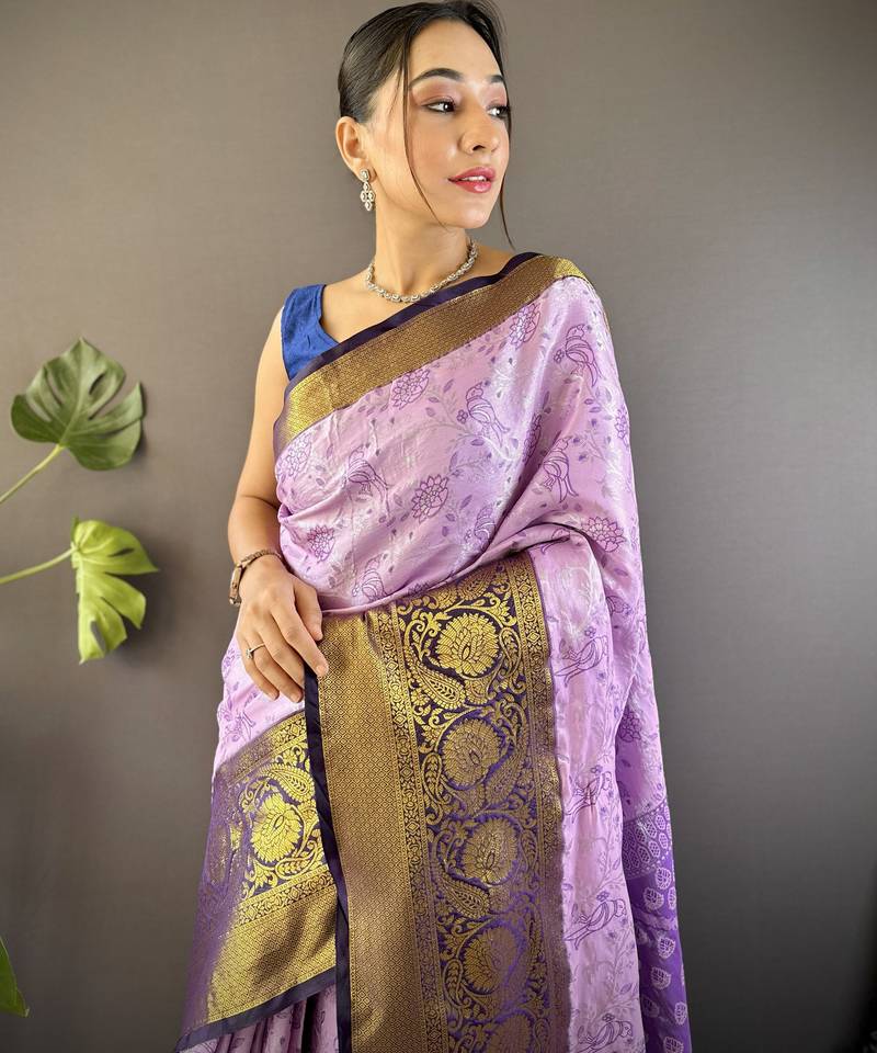 lavender tissue silk blend kanjeevaram zari woven saree with unstitched blouse piece.