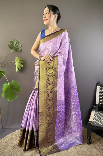 lavender tissue silk blend kanjeevaram zari woven saree with unstitched blouse piece.
