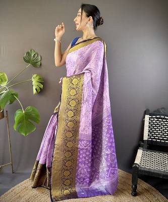 lavender tissue silk blend kanjeevaram zari woven saree with unstitched blouse piece. 3