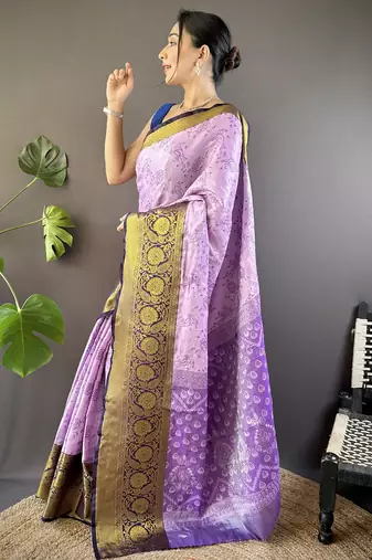 lavender tissue silk blend kanjeevaram zari woven saree with unstitched blouse piece.