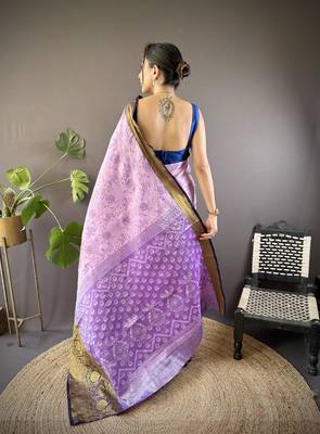 lavender tissue silk blend kanjeevaram zari woven saree with unstitched blouse piece. 4