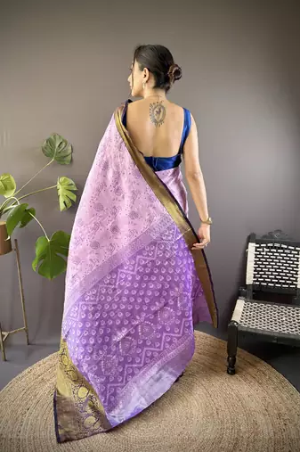 lavender tissue silk blend kanjeevaram zari woven saree with unstitched blouse piece.