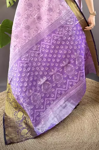 lavender tissue silk blend kanjeevaram zari woven saree with unstitched blouse piece.
