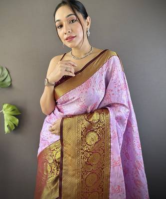 lavender tissue silk blend kanjeevaram zari woven saree with unstitched blouse piece. 1