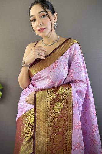 lavender tissue silk blend kanjeevaram zari woven saree with unstitched blouse piece.