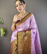 lavender tissue silk blend kanjeevaram zari woven saree with unstitched blouse piece.