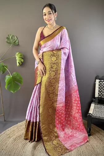 lavender tissue silk blend kanjeevaram zari woven saree with unstitched blouse piece.