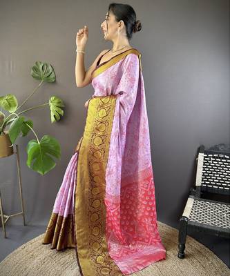 lavender tissue silk blend kanjeevaram zari woven saree with unstitched blouse piece. 3