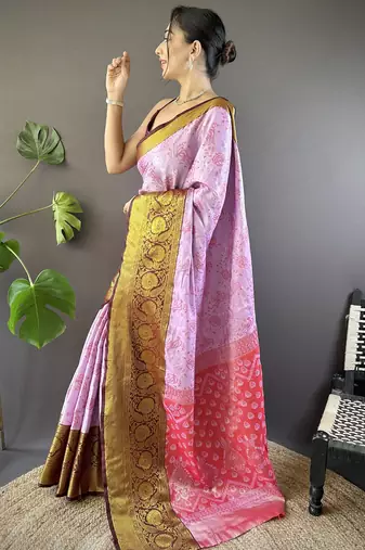 lavender tissue silk blend kanjeevaram zari woven saree with unstitched blouse piece.