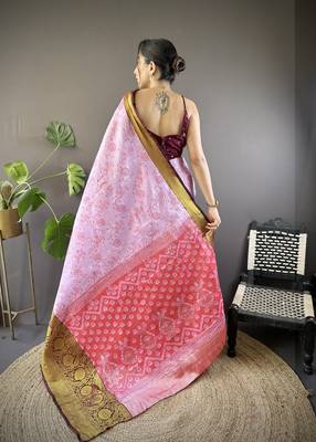 lavender tissue silk blend kanjeevaram zari woven saree with unstitched blouse piece. 4