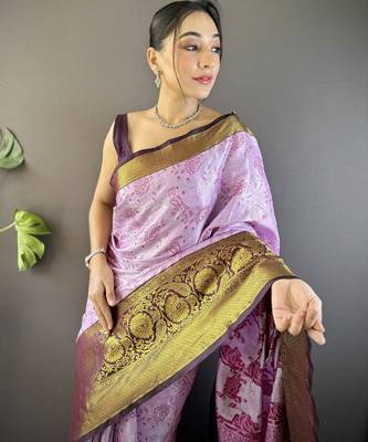 lavender tissue silk blend kanjeevaram zari woven saree with unstitched blouse piece. 1