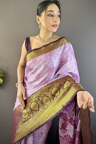 lavender tissue silk blend kanjeevaram zari woven saree with unstitched blouse piece.