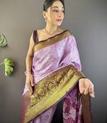 lavender tissue silk blend kanjeevaram zari woven saree with unstitched blouse piece.
