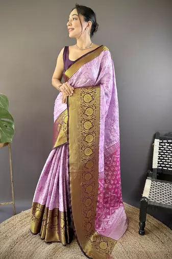 lavender tissue silk blend kanjeevaram zari woven saree with unstitched blouse piece.