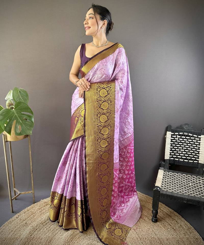 lavender tissue silk blend kanjeevaram zari woven saree with unstitched blouse piece.