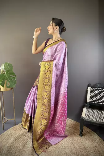 lavender tissue silk blend kanjeevaram zari woven saree with unstitched blouse piece.