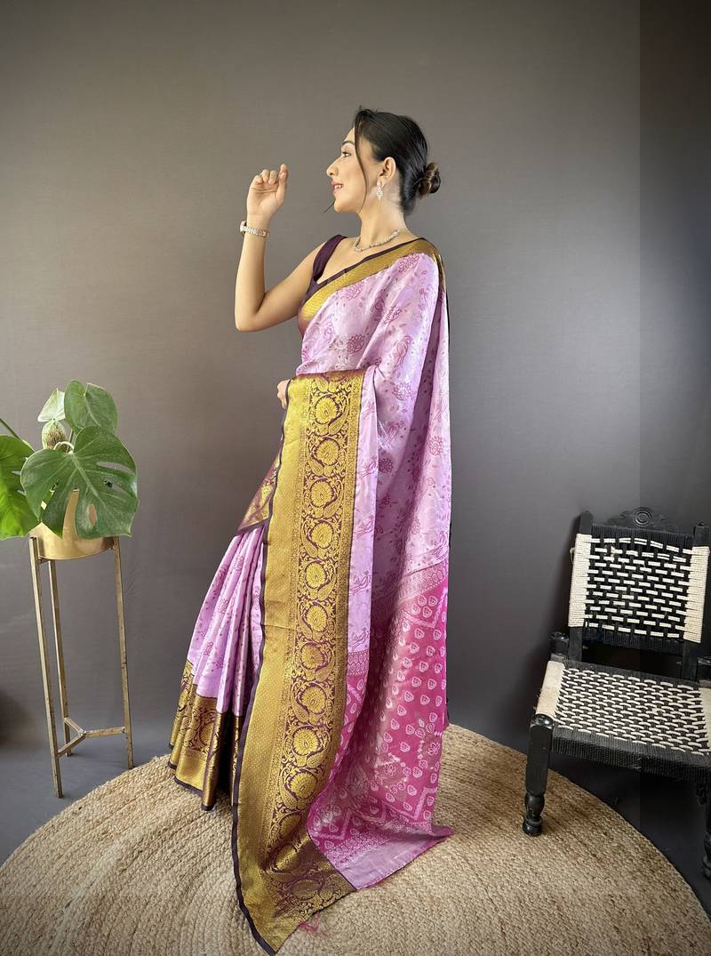 lavender tissue silk blend kanjeevaram zari woven saree with unstitched blouse piece.