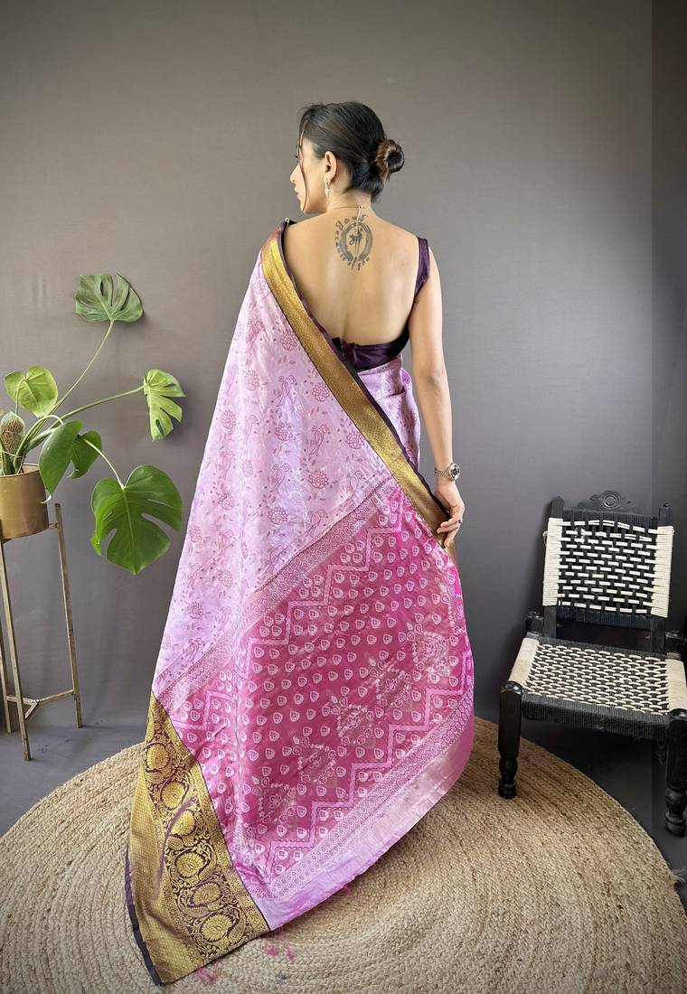 lavender tissue silk blend kanjeevaram zari woven saree with unstitched blouse piece.
