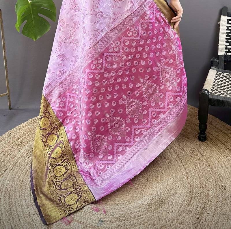 lavender tissue silk blend kanjeevaram zari woven saree with unstitched blouse piece.