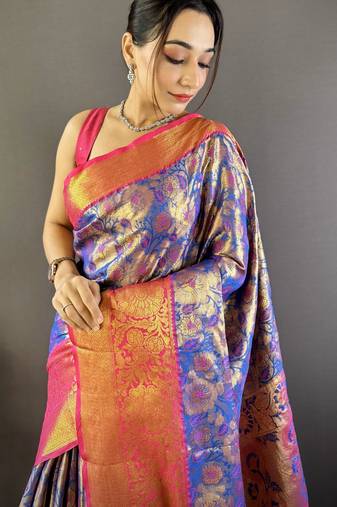 blue tissue silk blend kanjeevaram zari woven saree with unstitched blouse piece