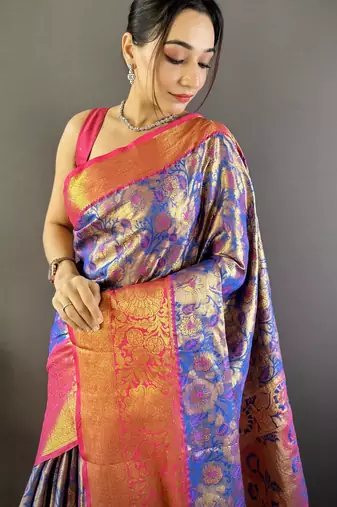 blue tissue silk blend kanjeevaram zari woven saree with unstitched blouse piece.
